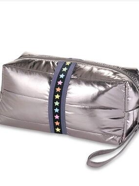 Metallic Silver Star-Strip Wristlet Cosmetic Bag